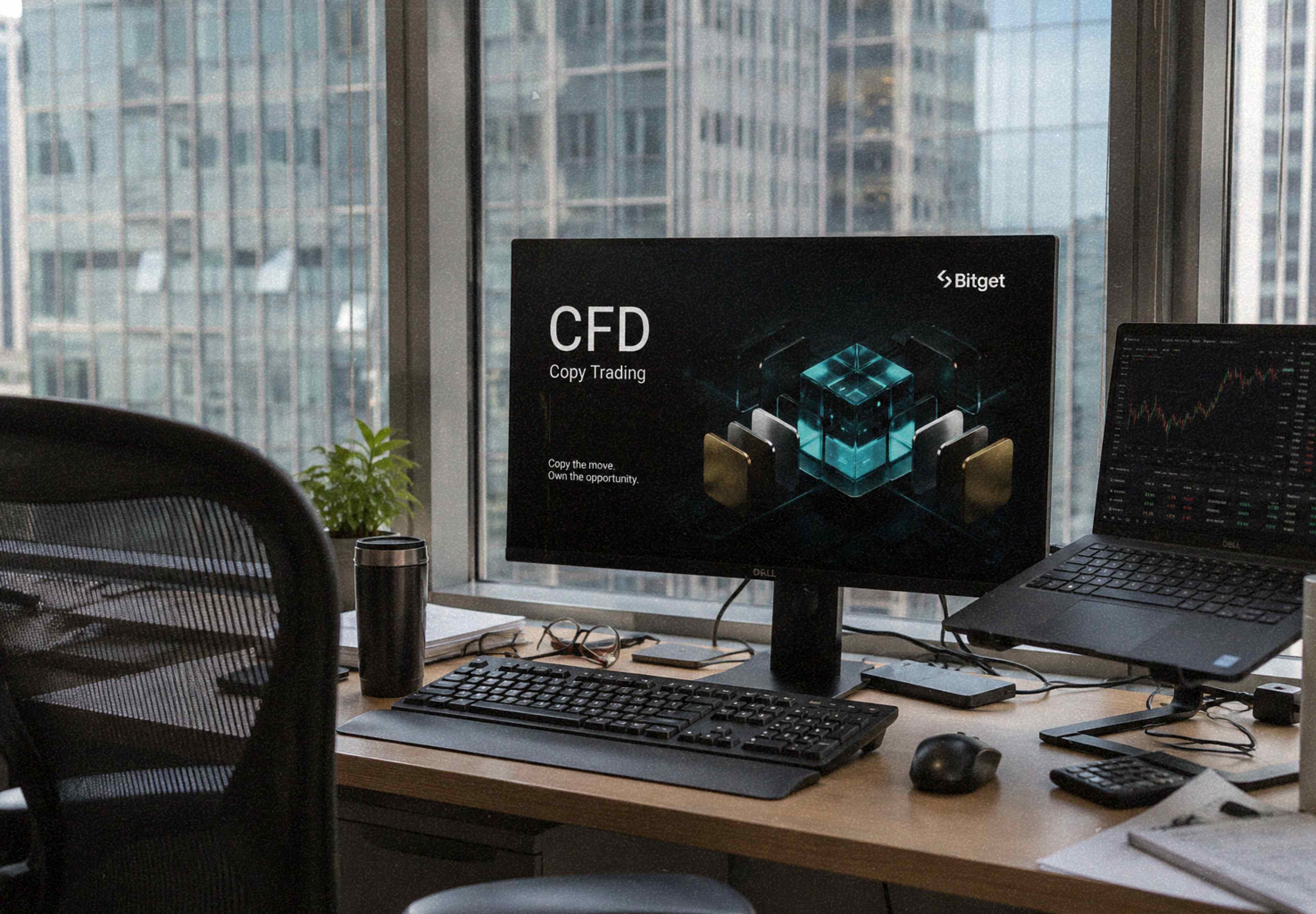 Bitget CFD Copy Trading displayed on a Dell monitor at a trader's high-rise office desk