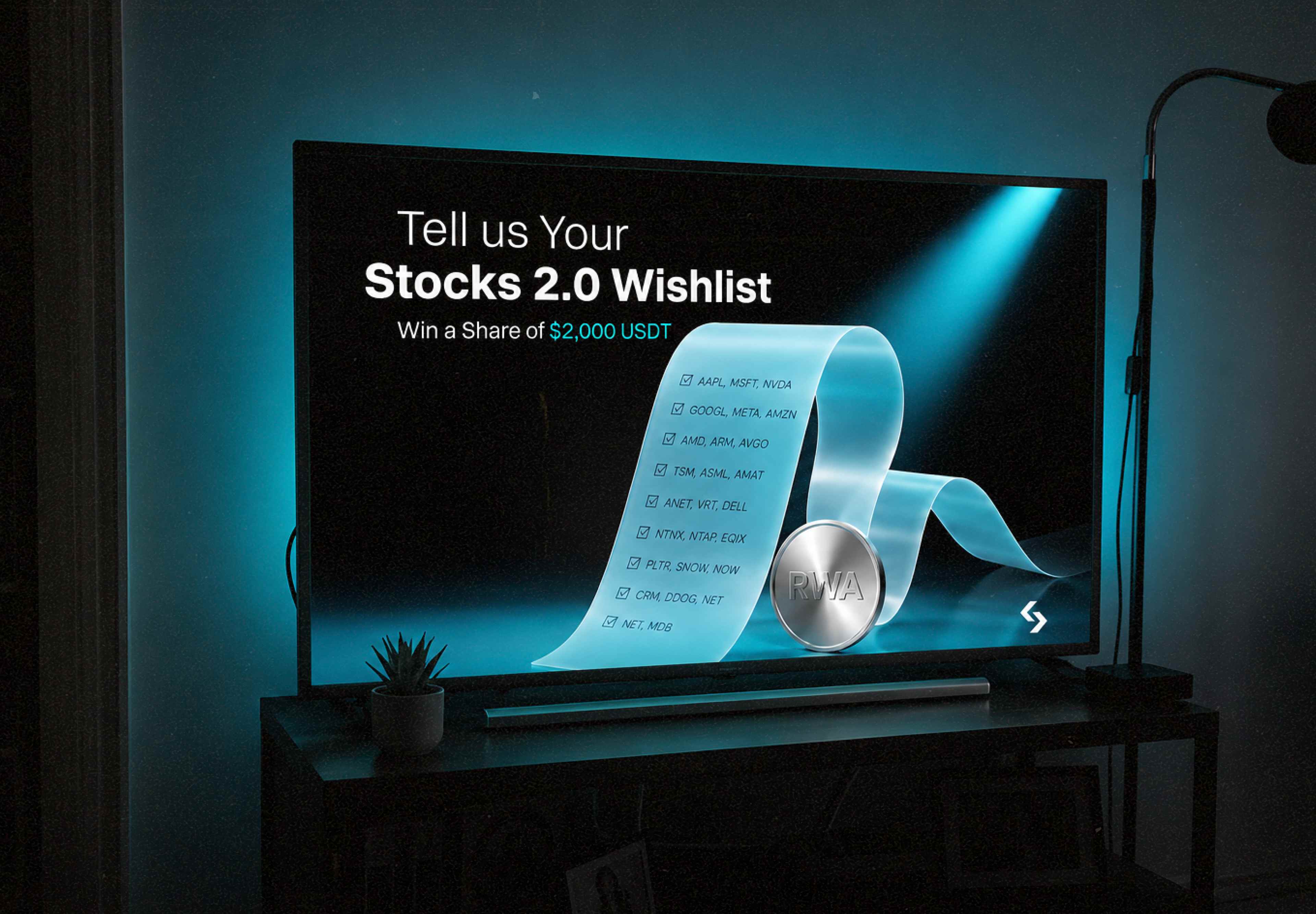 Bitget Stocks 2.0 Wishlist displayed on a large TV with teal LED backlight in a dark living room