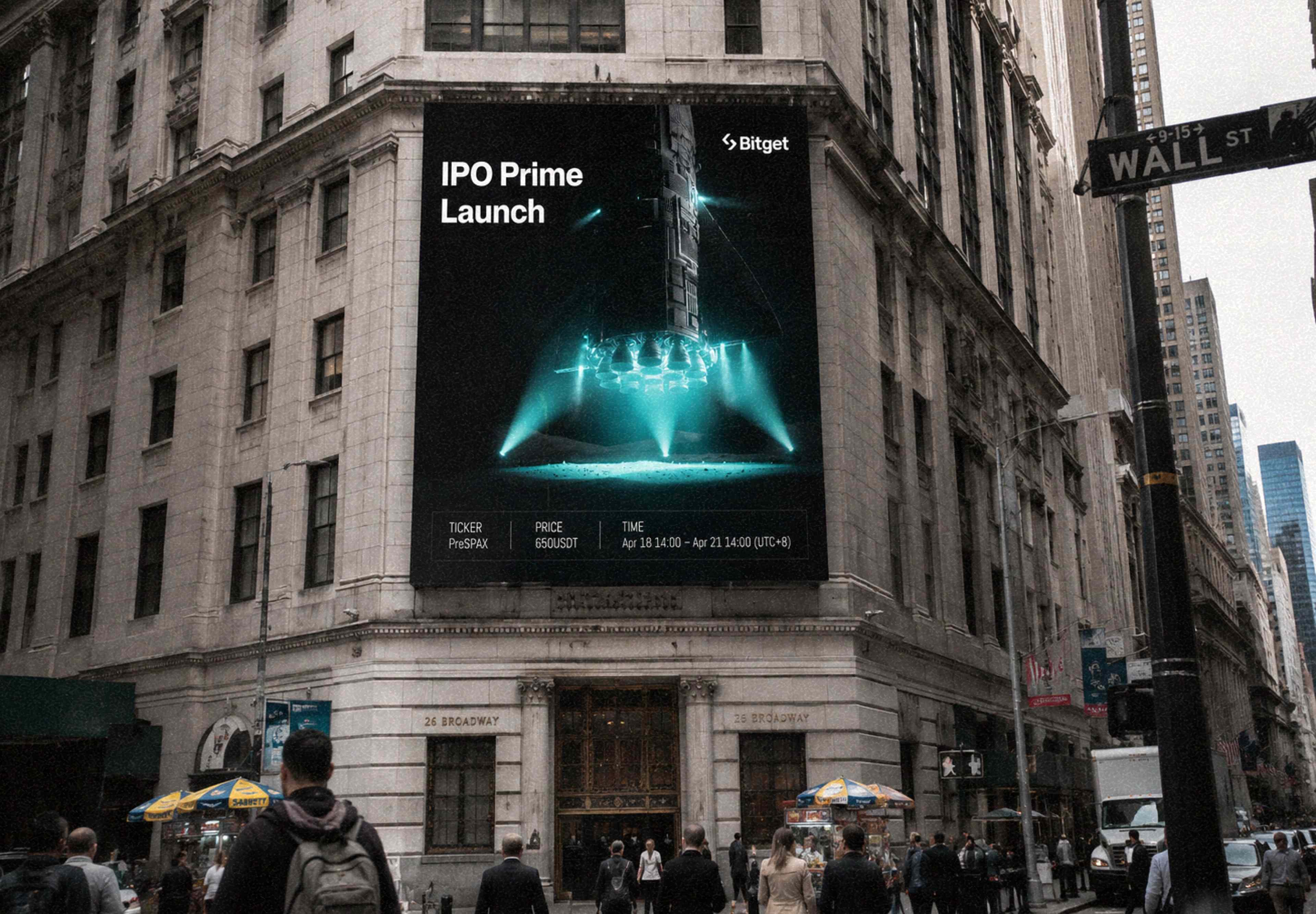 Bitget IPO Prime Launch billboard on the corner of Wall St and 26 Broadway, New York