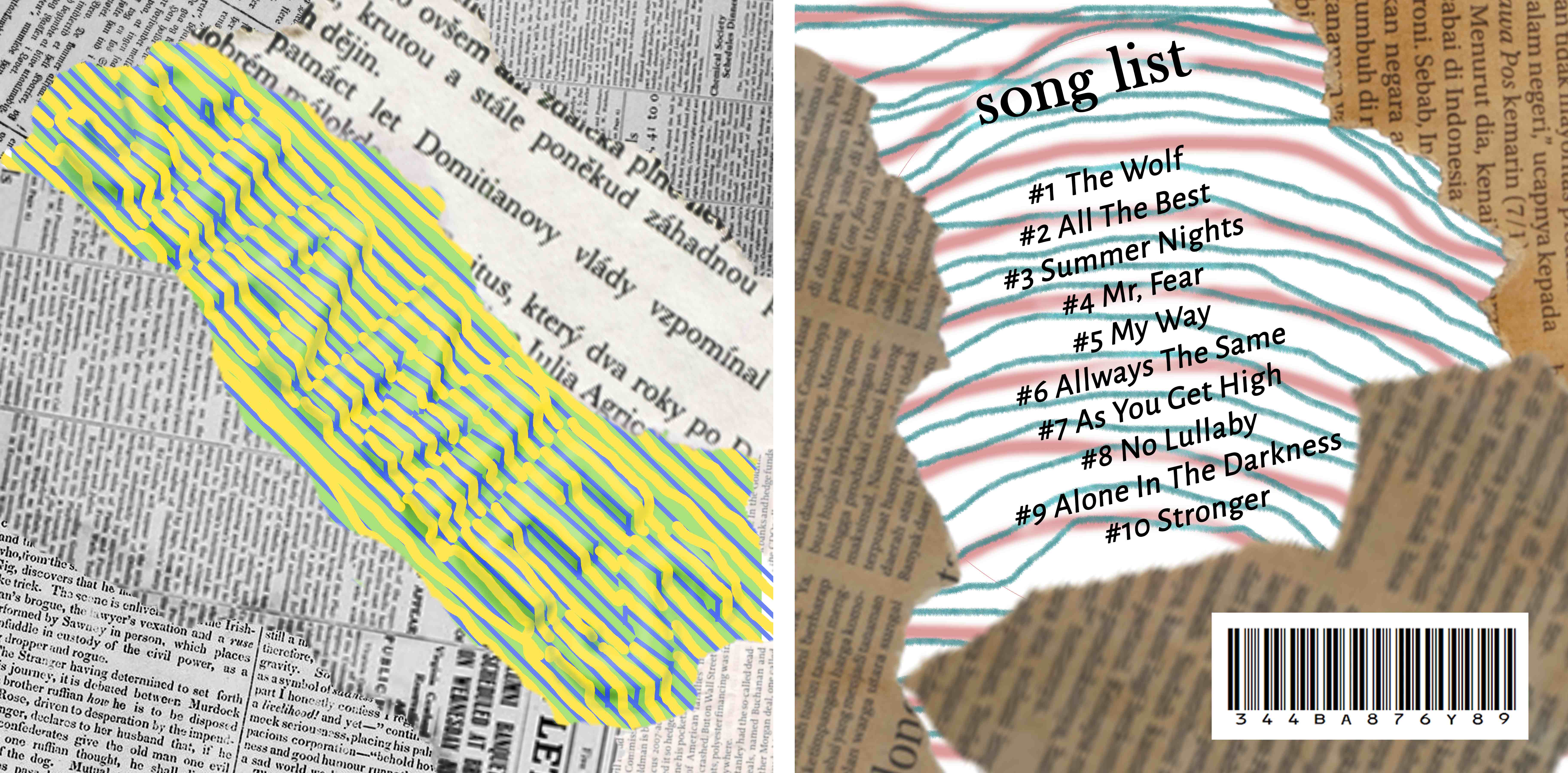 Back cover with newspaper collage background and a numbered song list