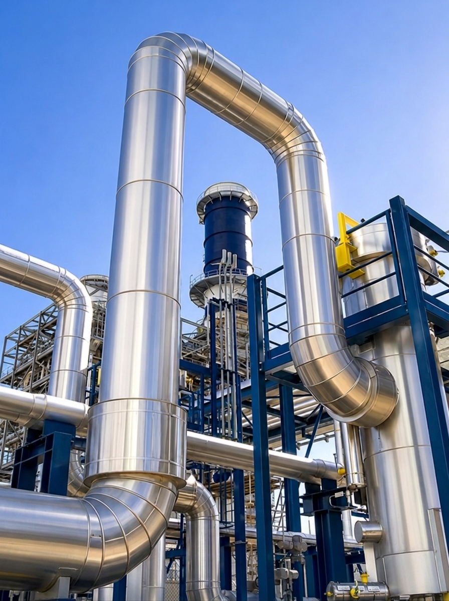 Stainless-steel process piping and ductwork at an industrial facility