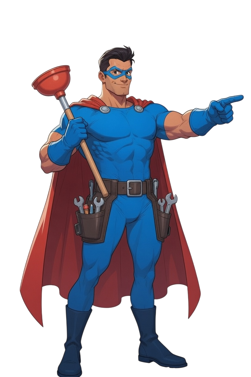 Emergency Tucson Plumber superhero mascot pointing toward services