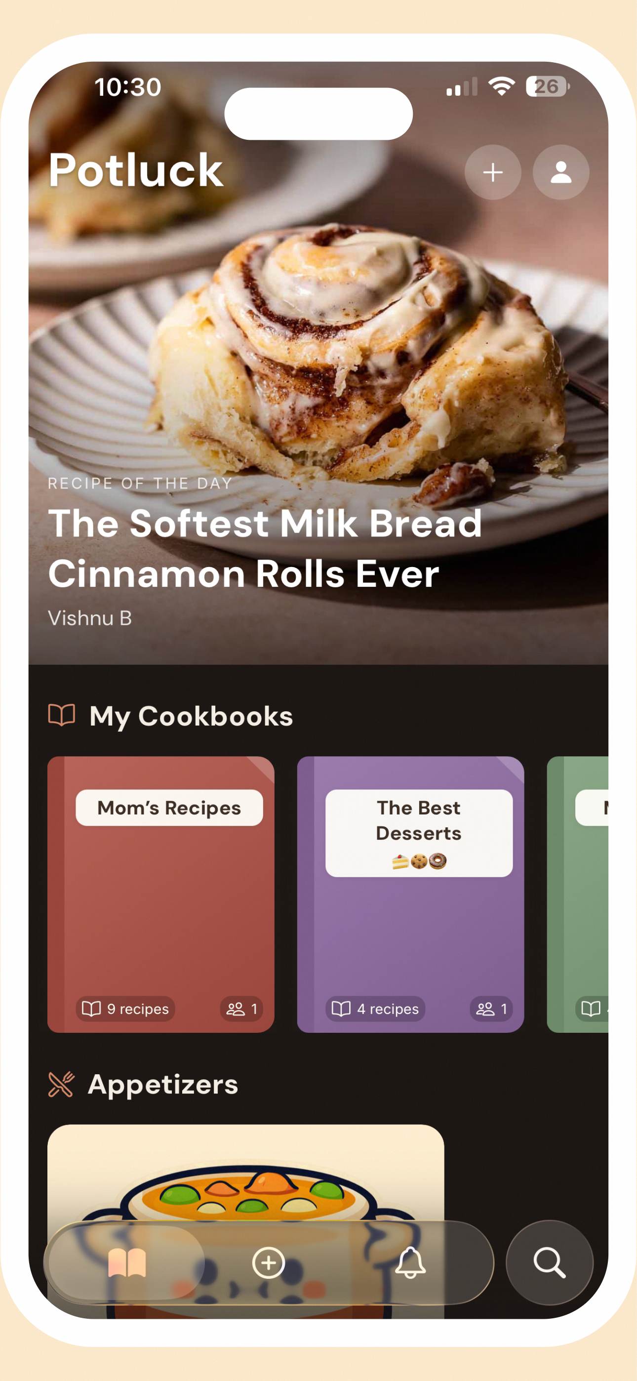 Potluck app home screen showing recipe collections and cookbooks