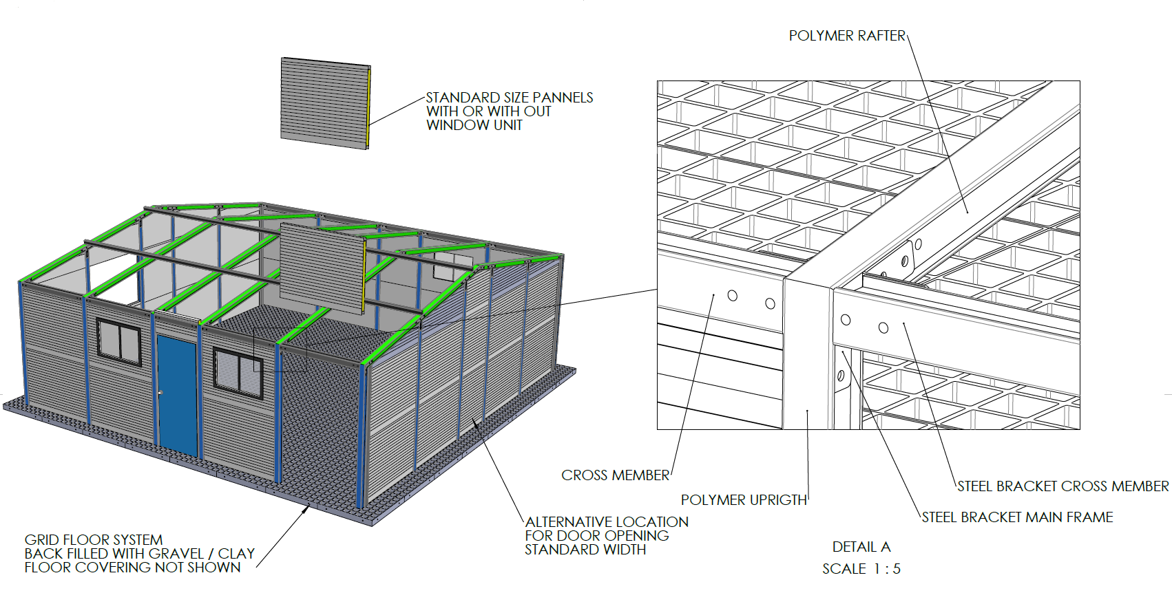 Exploded technical diagram of the Mass Plas modular construction system