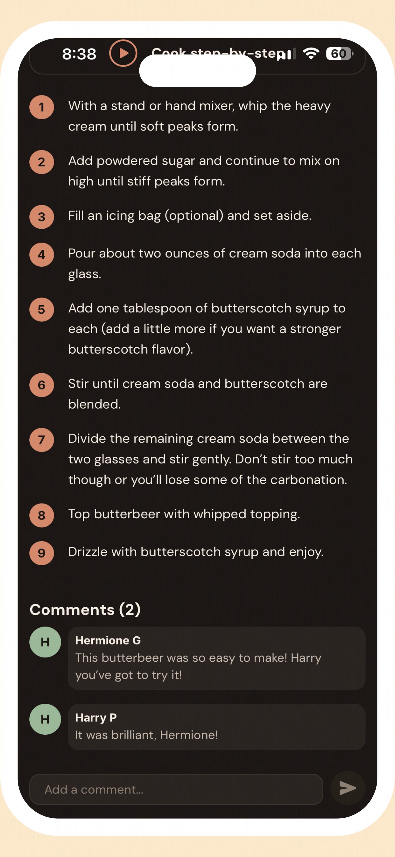 Recipe detail view with step-by-step instructions and comments