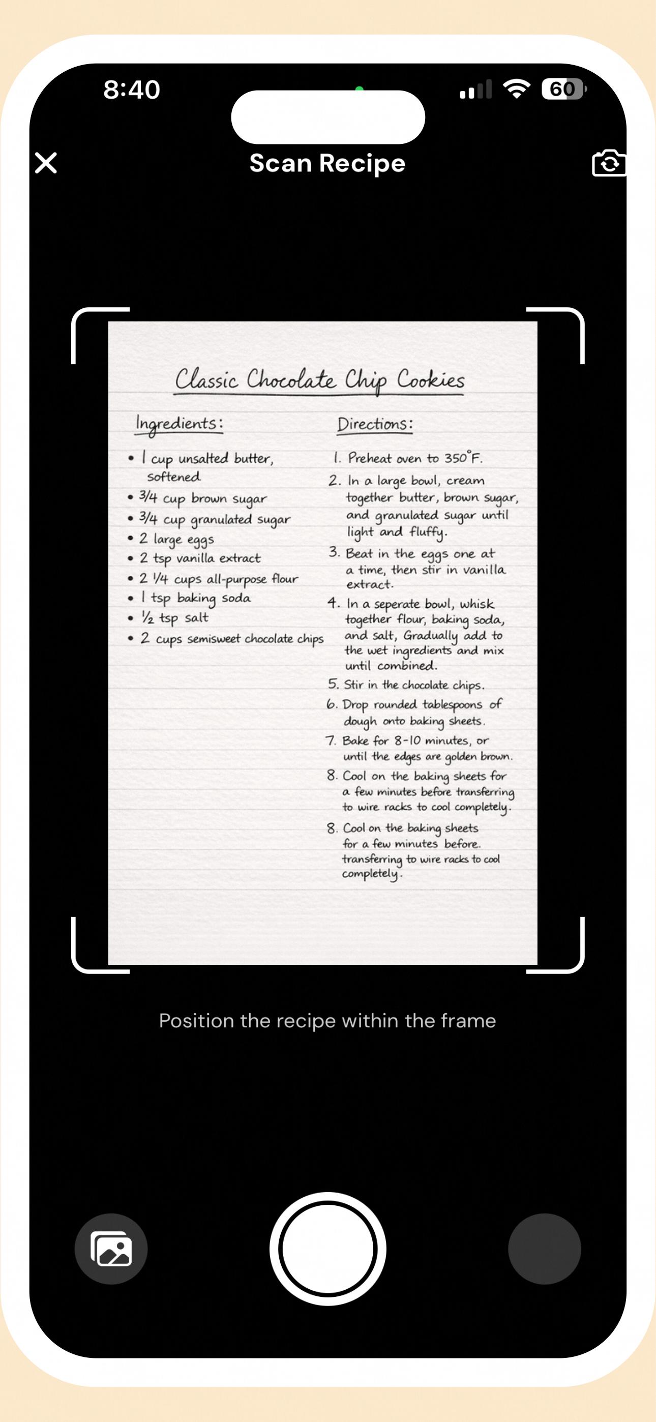 Scanning a handwritten recipe using the camera