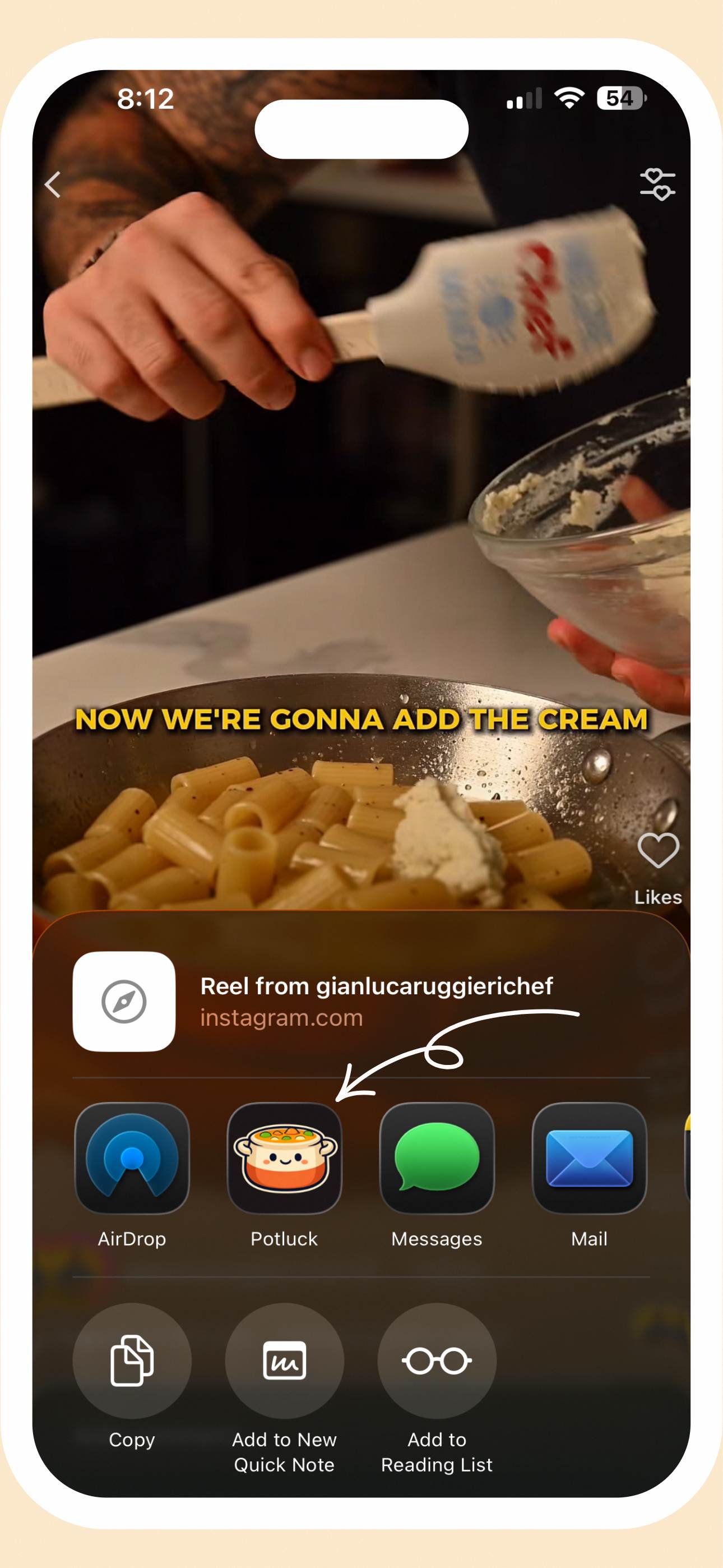 iOS share sheet showing Potluck as an option to import recipes