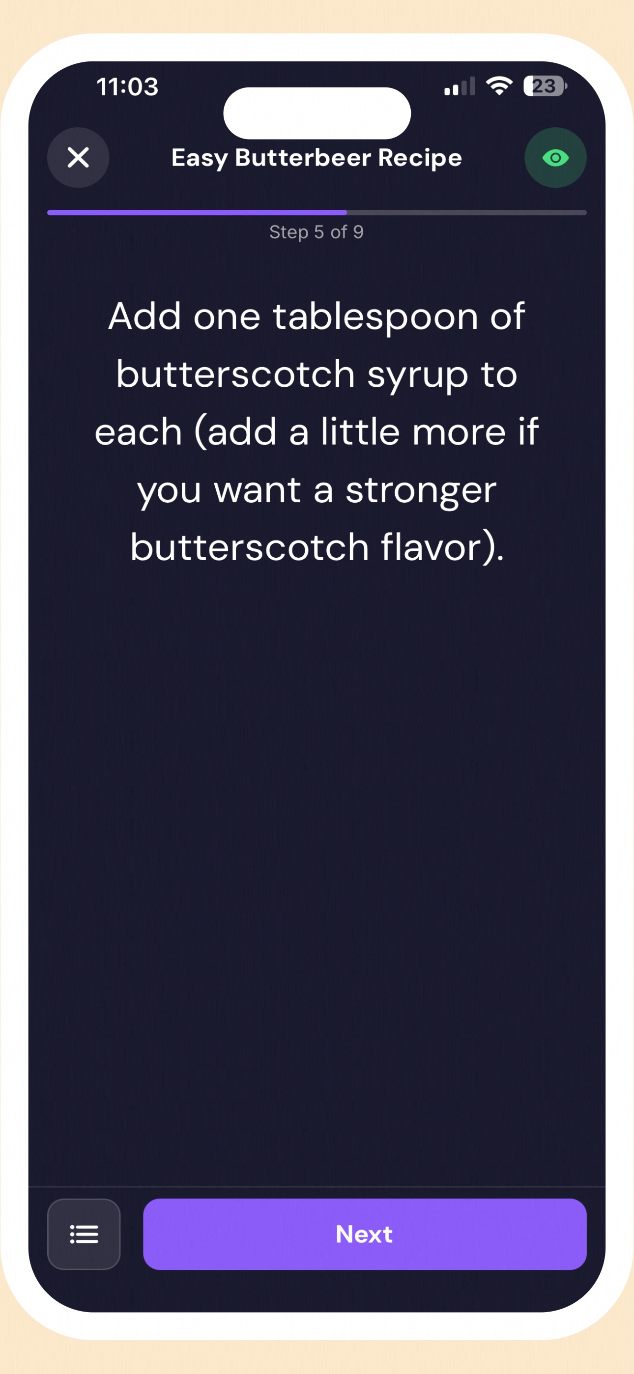 Step-by-step cooking mode showing recipe instructions