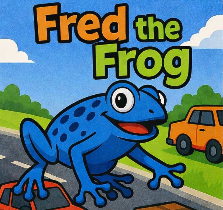 Cover art for Fred the Frog showing a blue frog leaping across a road with cars