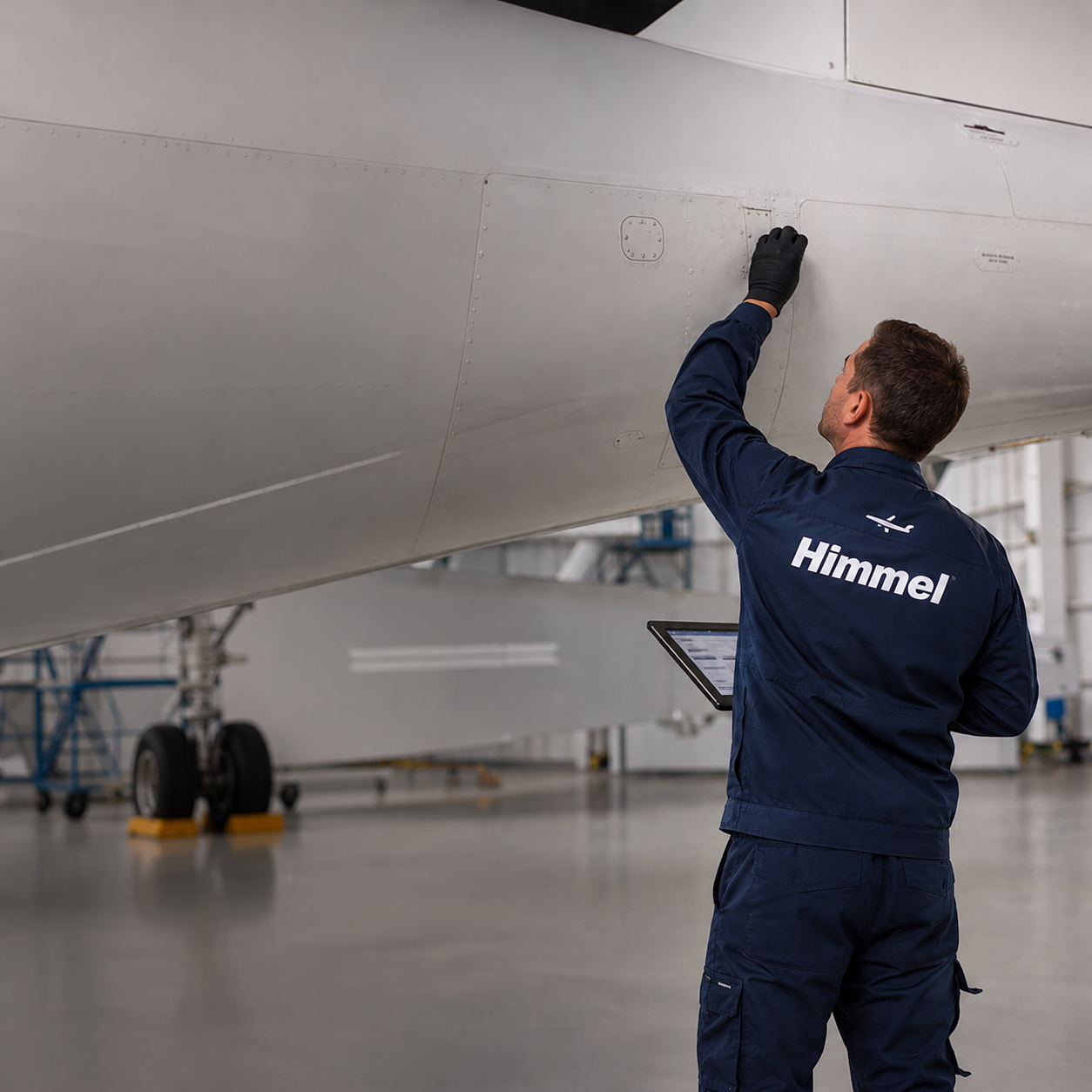 Técnico inspeccionando aeronave en hangar