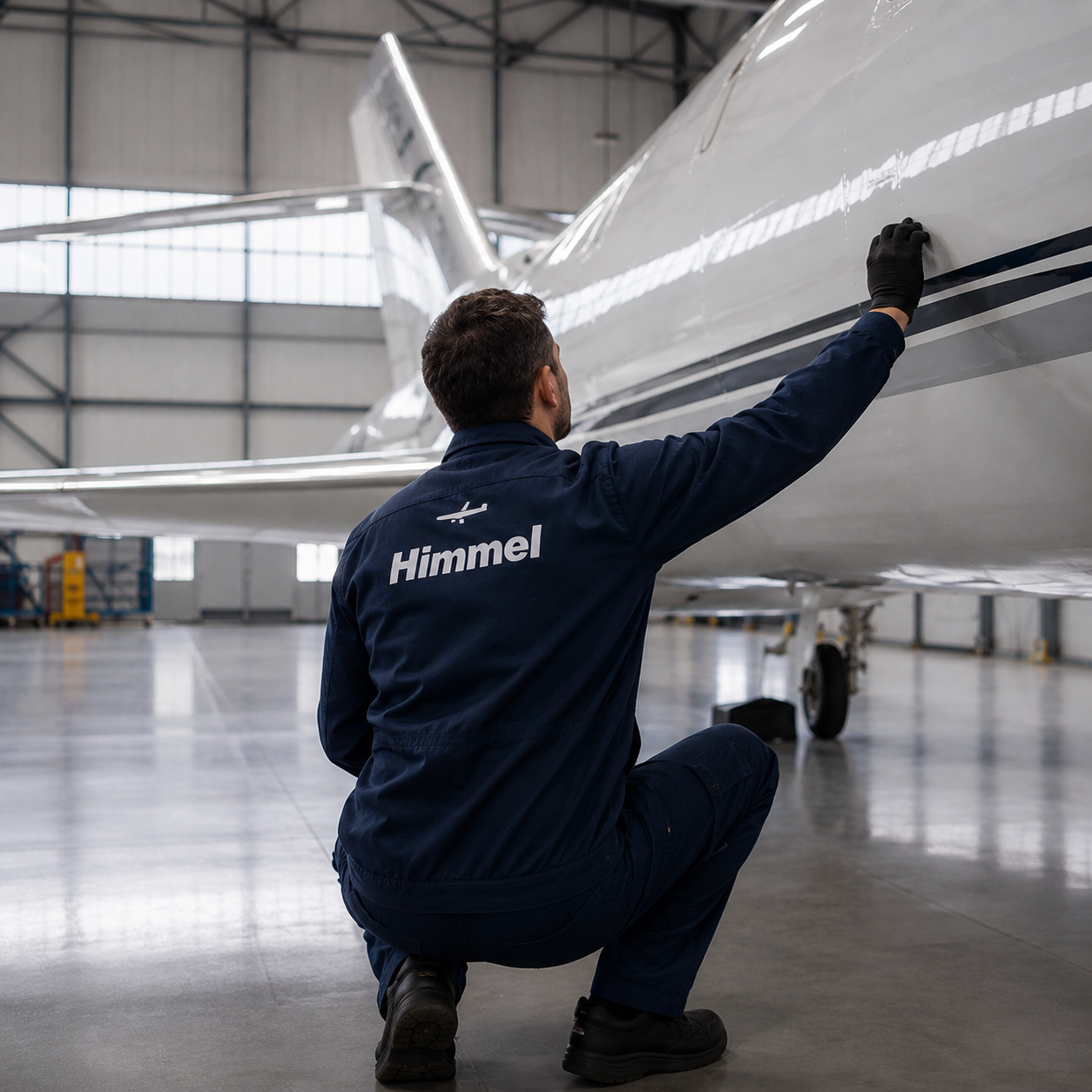 Técnico inspeccionando fuselaje de jet privado