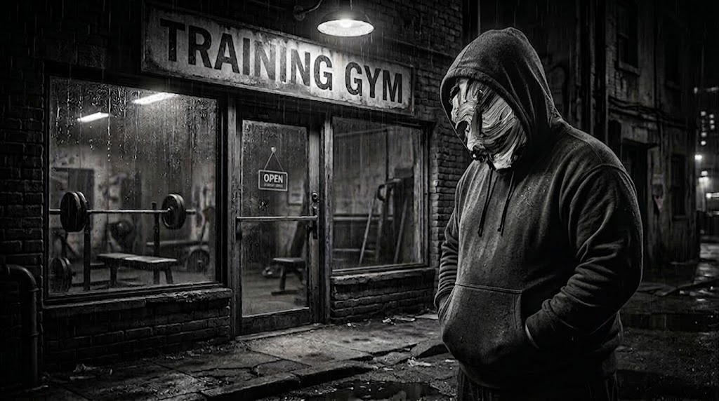 FATNESS standing outside training gym in the rain