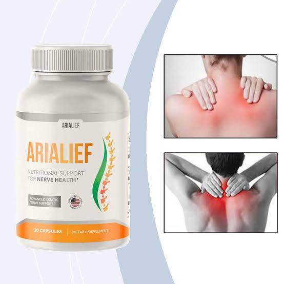 Arialief bottle alongside a visual of back and nerve discomfort