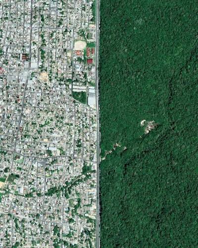 Satellite view of the sharp boundary between Manaus and the Amazon rainforest