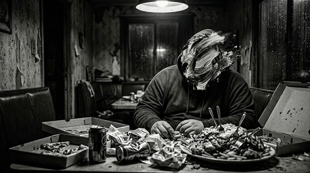 FATNESS eating alone surrounded by food chaos