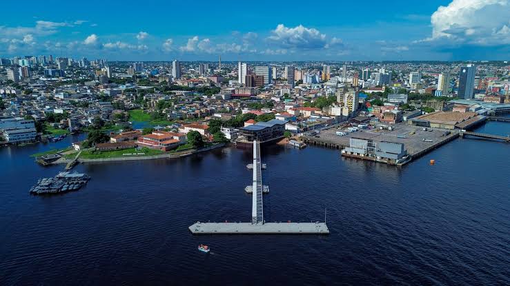 Aerial view of the Manaus waterfront and skyline on the Rio Negro