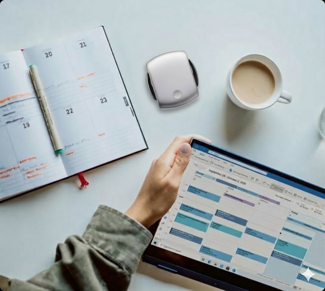 Hand using tablet with calendar app, planner, Voxmate device and coffee on desk