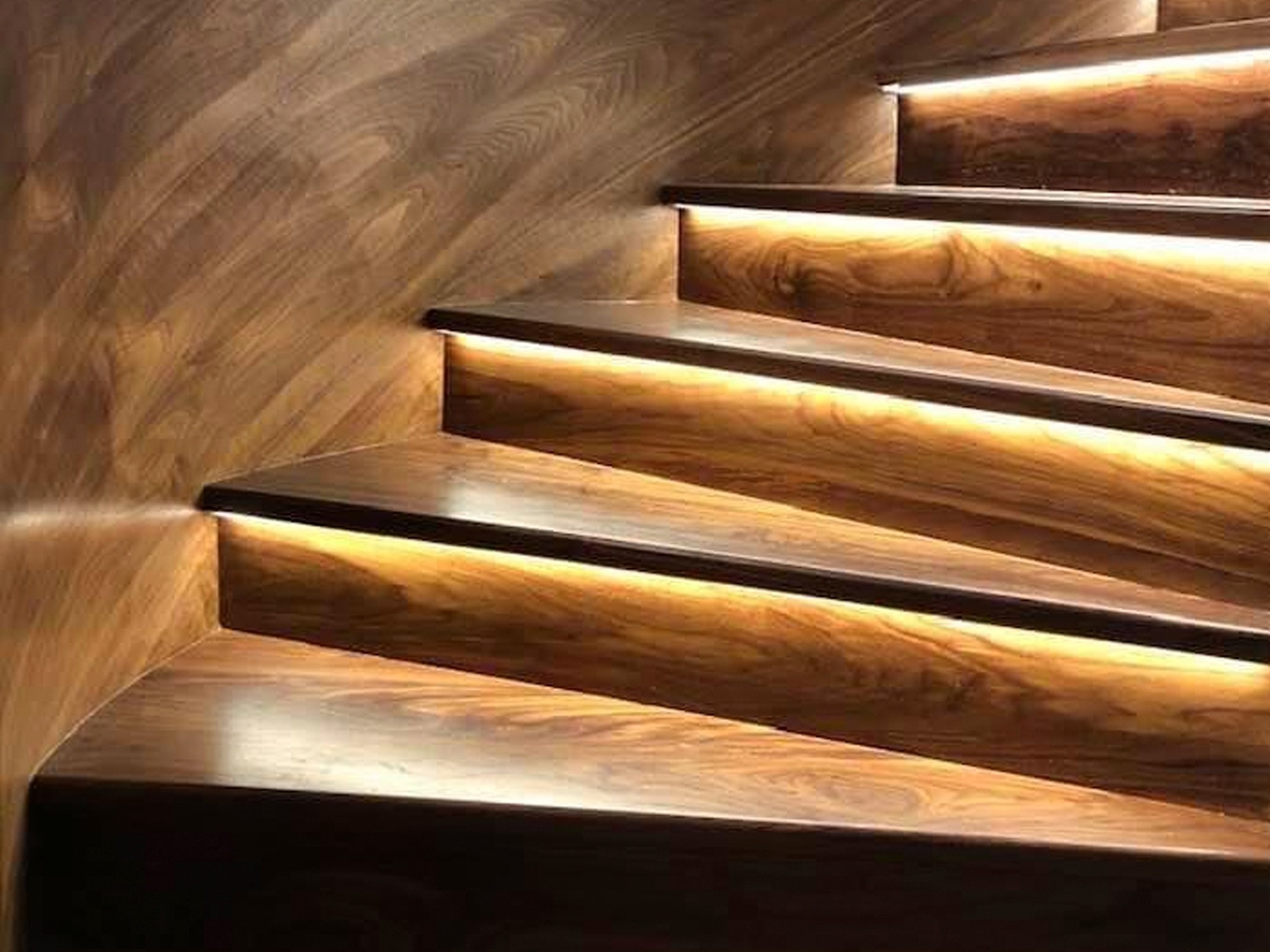 Elegant wooden staircase with LED lighting