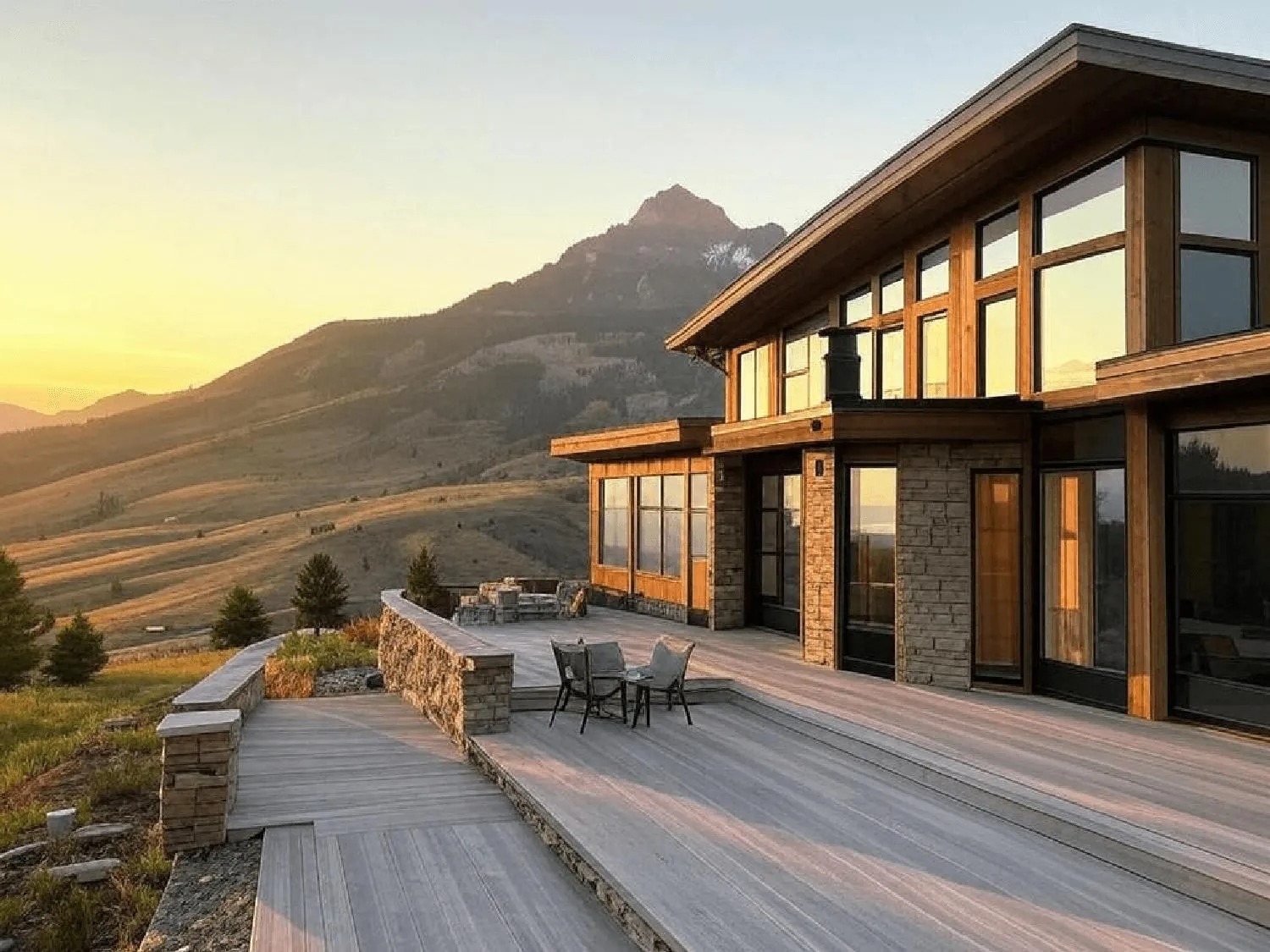 Modern mountain home with tinted windows overlooking scenic valley