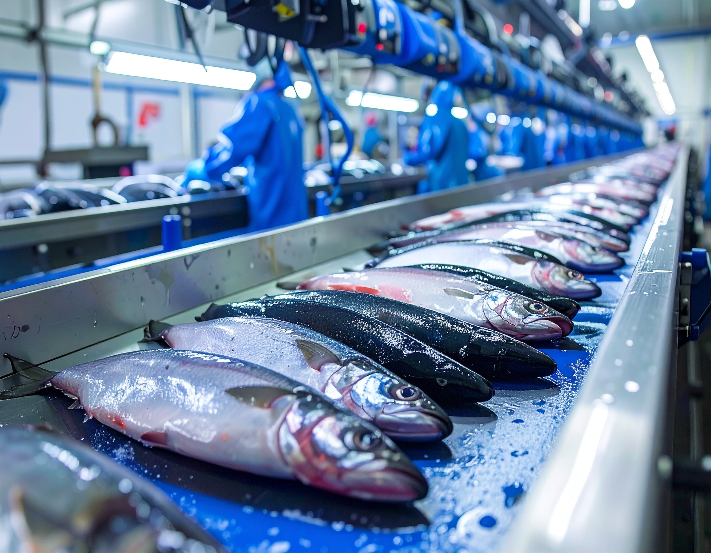Pescados frescos en línea de procesamiento