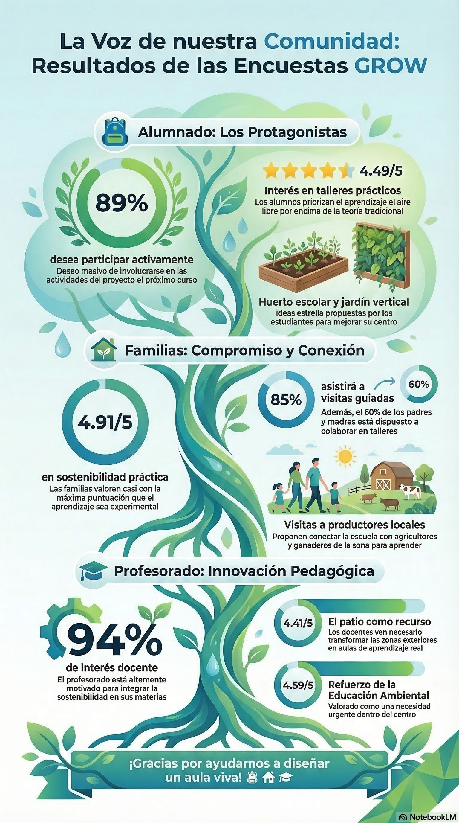 Infografía La Voz de nuestra Comunidad: Resultados de las Encuestas GROW - Alumnado: 89% desea participar, 4.49/5 interés en talleres prácticos. Familias: 4.91/5 en sostenibilidad práctica, 85% asistirá a visitas guiadas. Profesorado: 94% de interés docente, 4.41/5 patio como recurso educativo