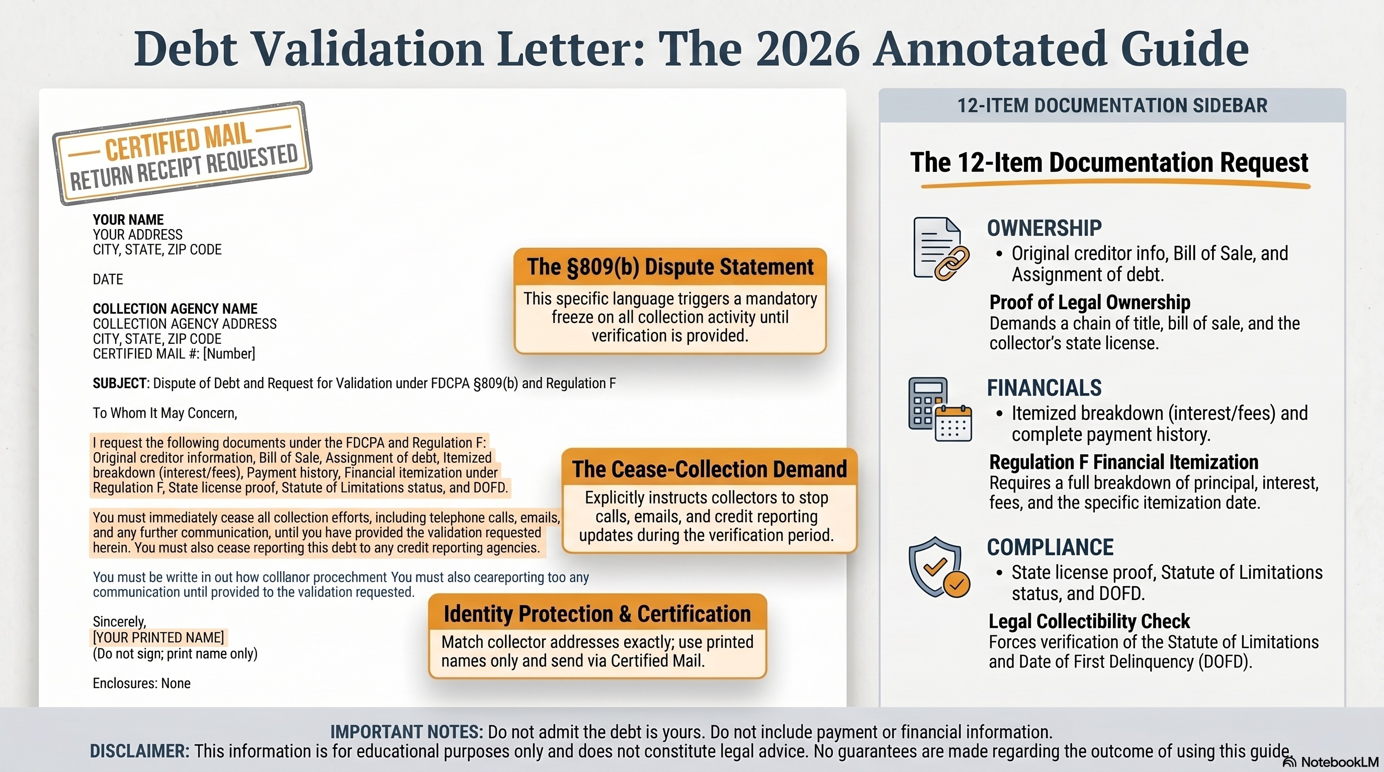Debt Validation Letter: The 2026 Annotated Guide — Complete validation letter template with annotations showing the §809(b) dispute statement, cease-collection demand, identity protection certification, and 12-item documentation request checklist