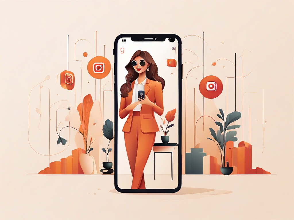 Woman in orange suit using Instagram on smartphone