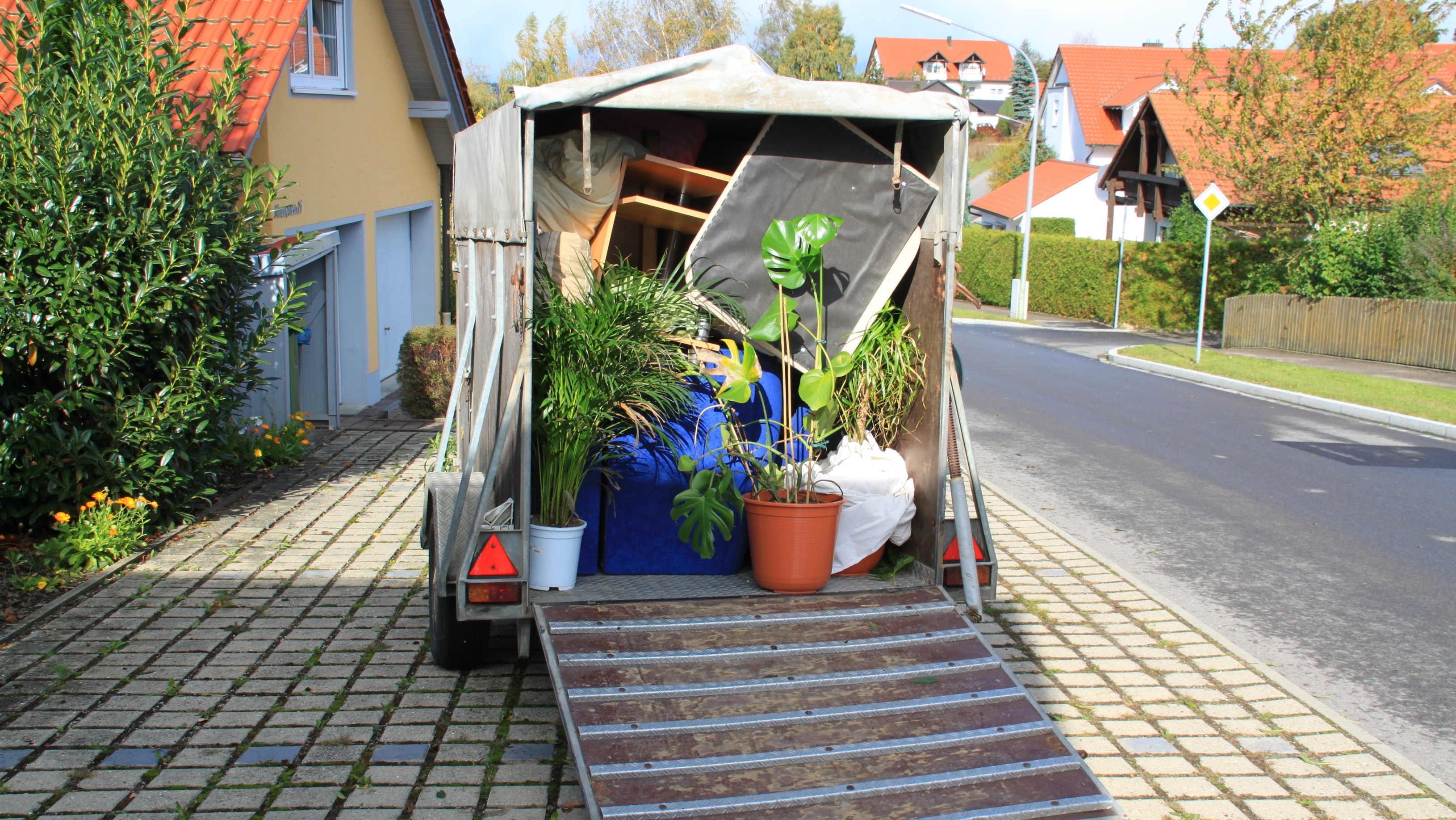 Umzugstransporter voller Möbel und Pflanzen – professioneller Transport