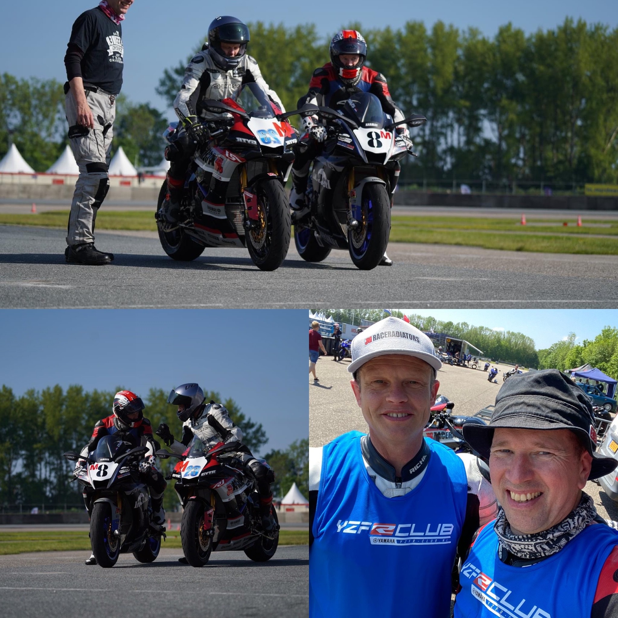 Rijders op Yamaha R1 racemotoren en instructeurs op de baan