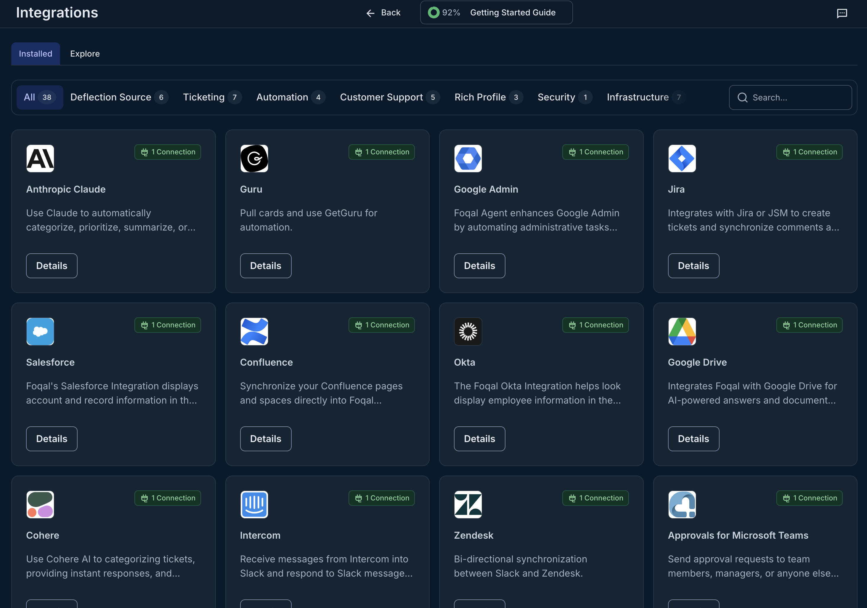 Integrations page showing connected services like Anthropic Claude, Guru, Google Admin, Jira, Salesforce, Confluence, Okta, and Google Drive