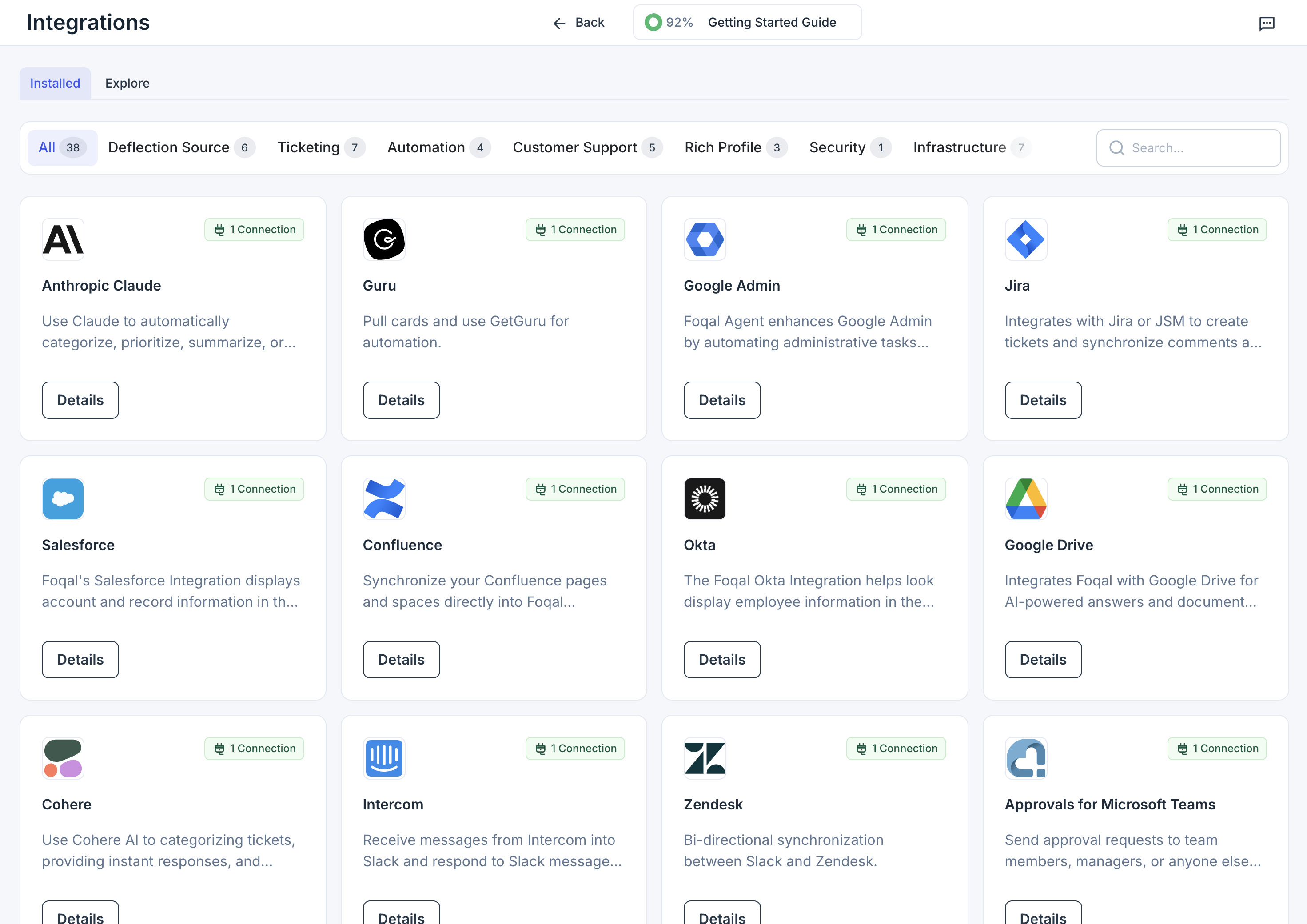 Integrations page showing connected services like Anthropic Claude, Guru, Google Admin, Jira, Salesforce, Confluence, Okta, and Google Drive