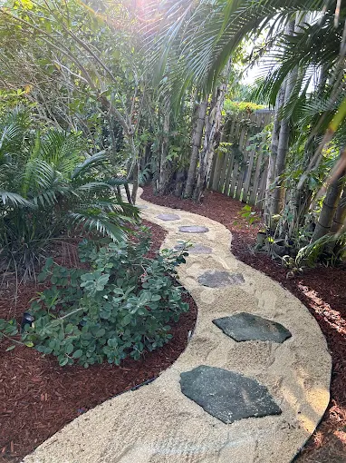 Winding natural stone pathway through a lush tropical garden with mulch ground cover and palm trees