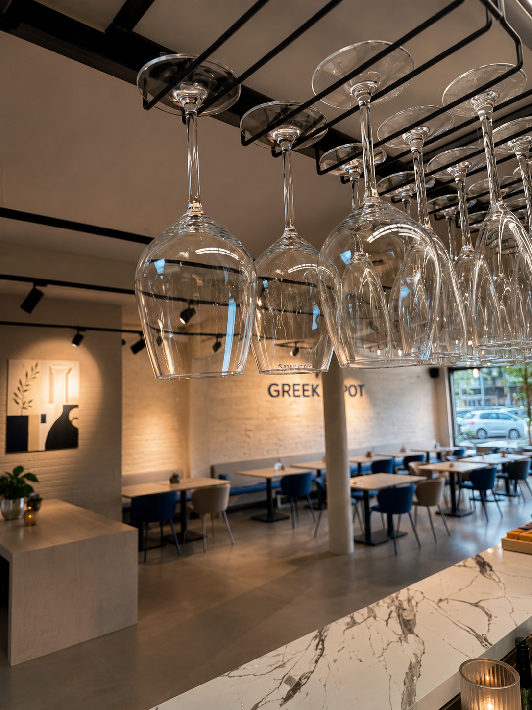 Bar area with elegant hanging wine glasses and marble countertop