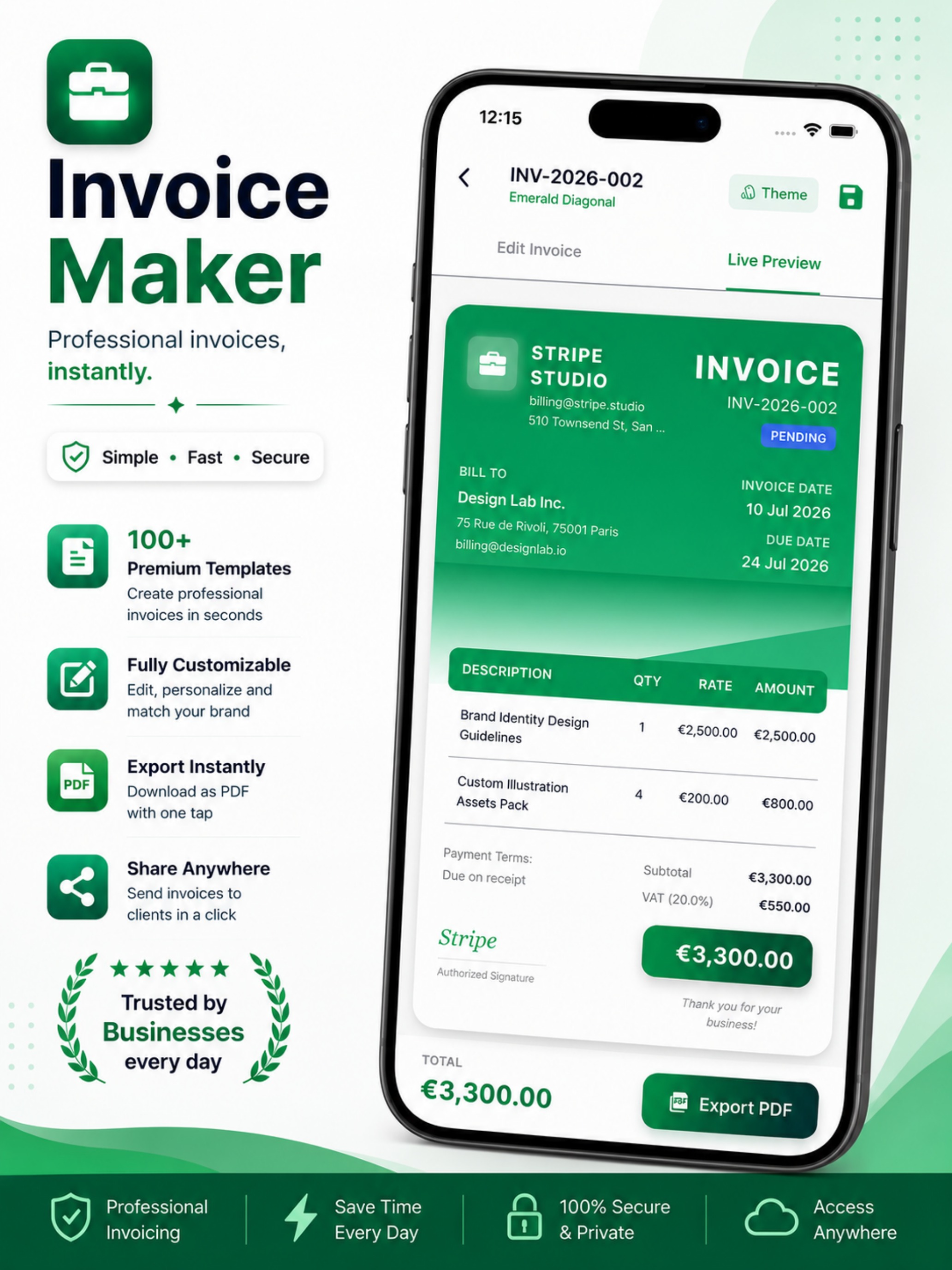 Invoice Maker - Emerald Diagonal Theme
