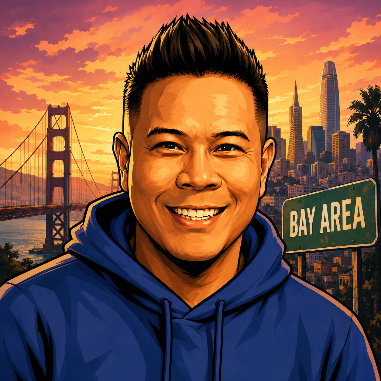 Illustrated portrait of Dre in a blue hoodie