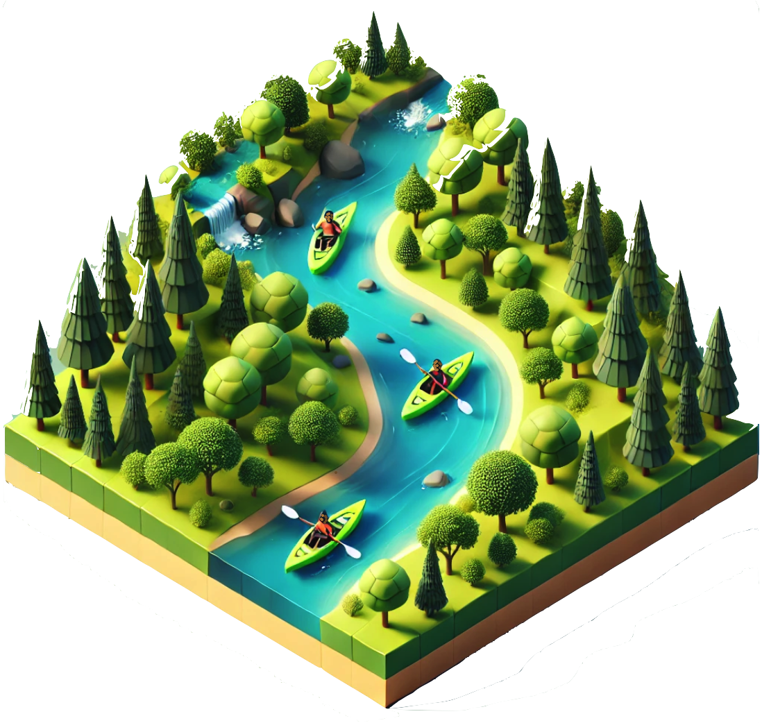 Isometric 3D illustration of kayakers paddling down a winding river through a forest