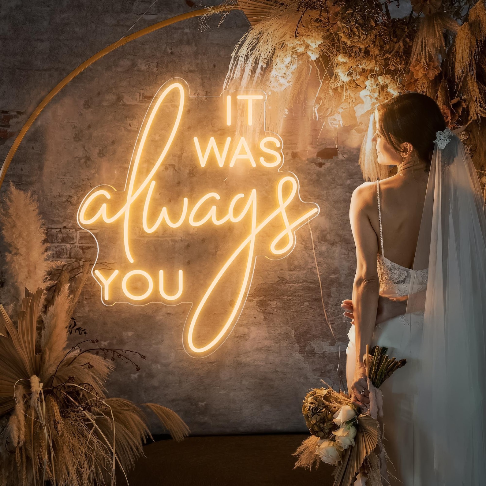 It was always you neon sign with bride and pampas grass