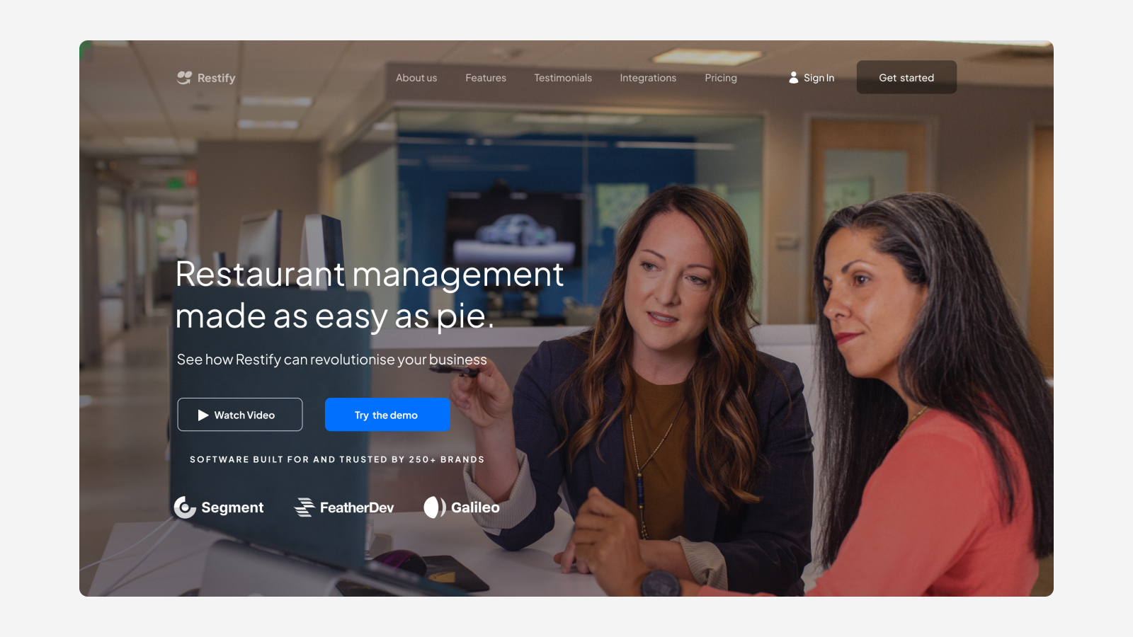 Restaurant management software landing page showing team collaboration