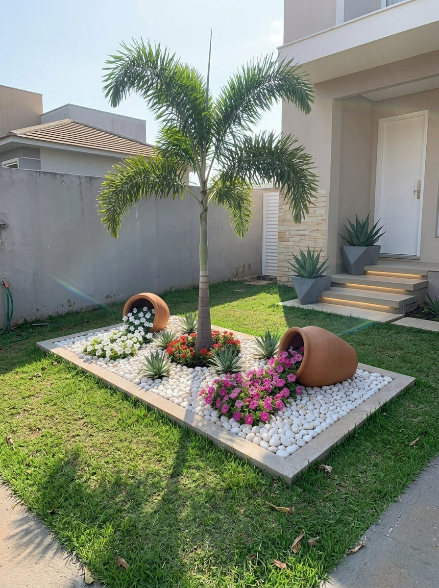 Jardim residencial bem cuidado com palmeira, canteiro decorativo de pedras brancas e flores