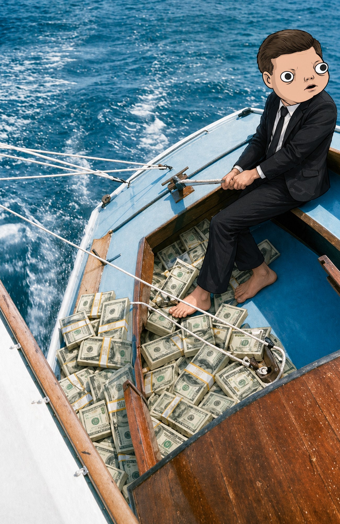 Juhn Kunnedy in a boat full of cash