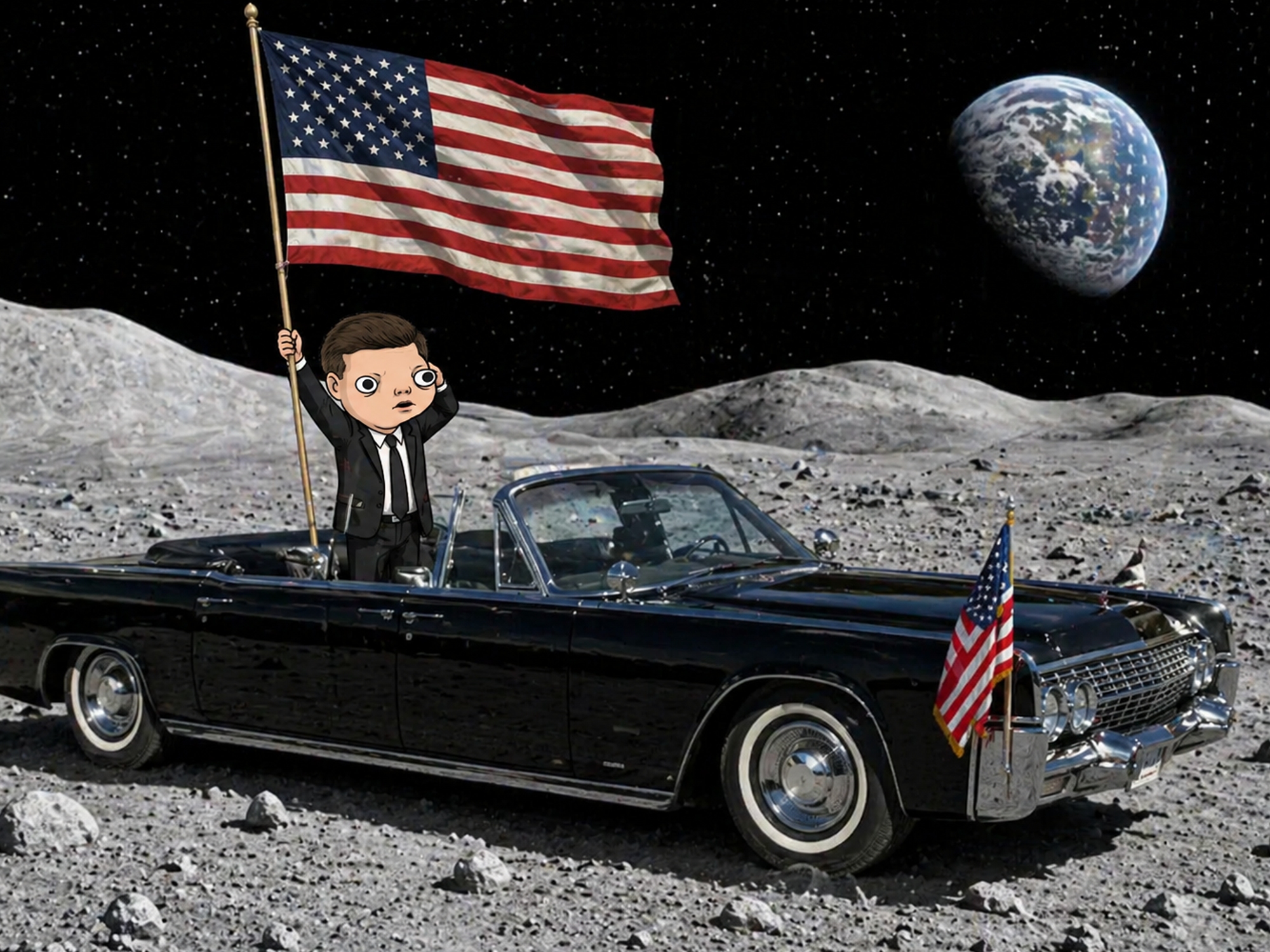 Juhn Kunnedy on the moon with American flag