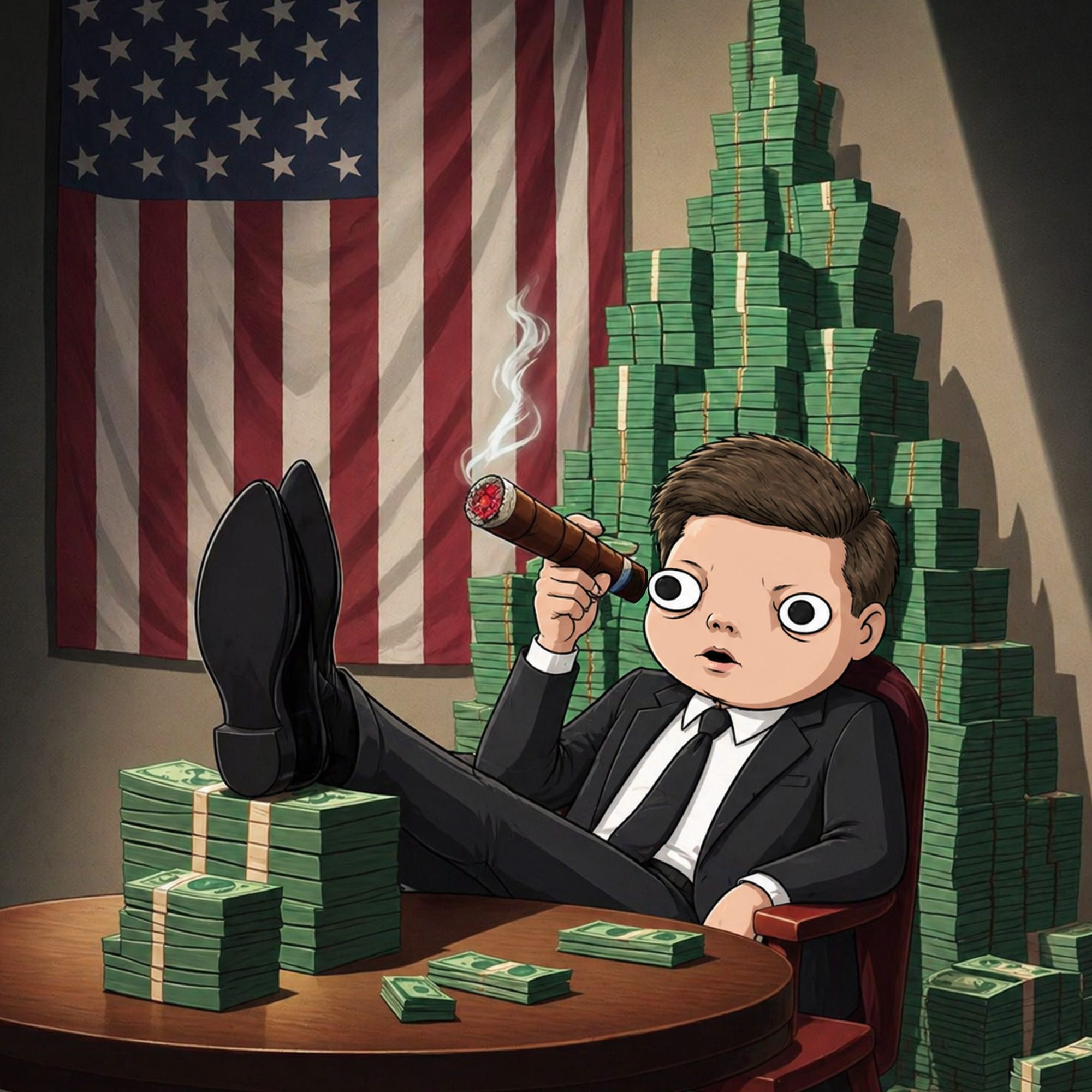 Juhn Kunnedy in office surrounded by money