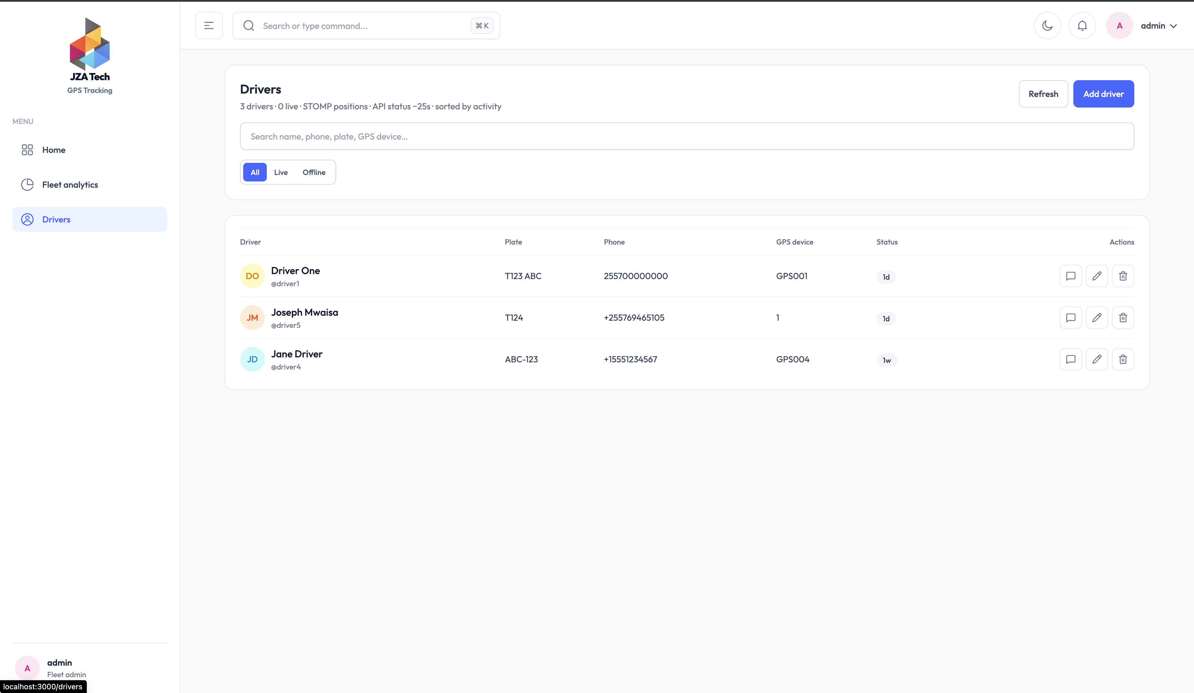 JZA Dashboard - Drivers Management