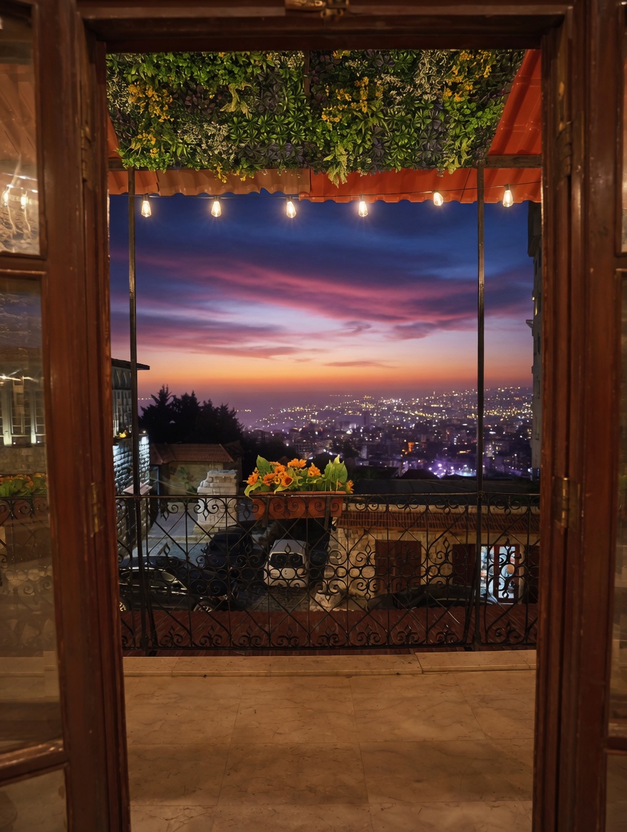 Evening view through open doors with string lights at Beit Zouk