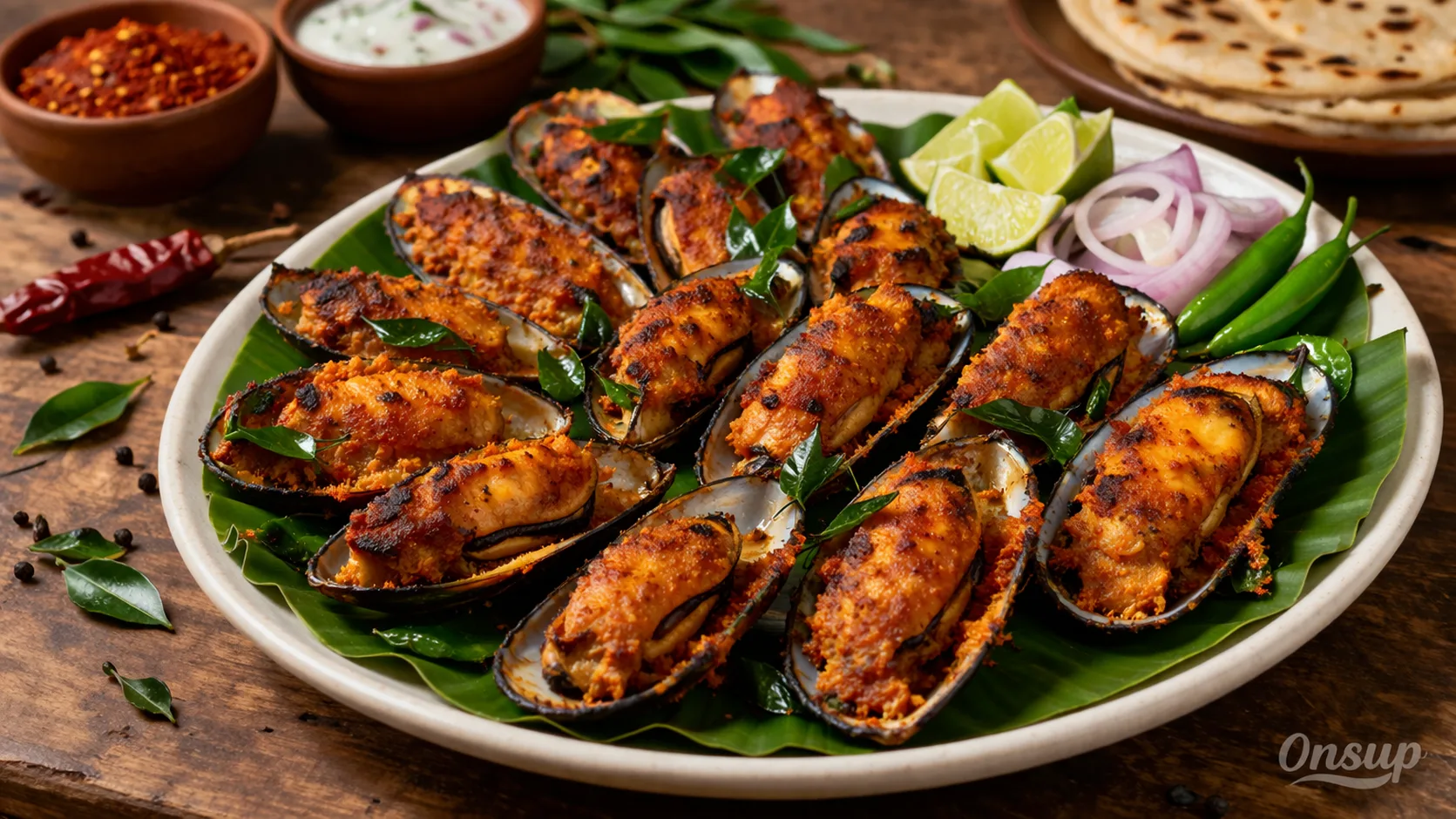Kozhikode style Kallumakkaya Nirachathu – stuffed mussels on banana leaf