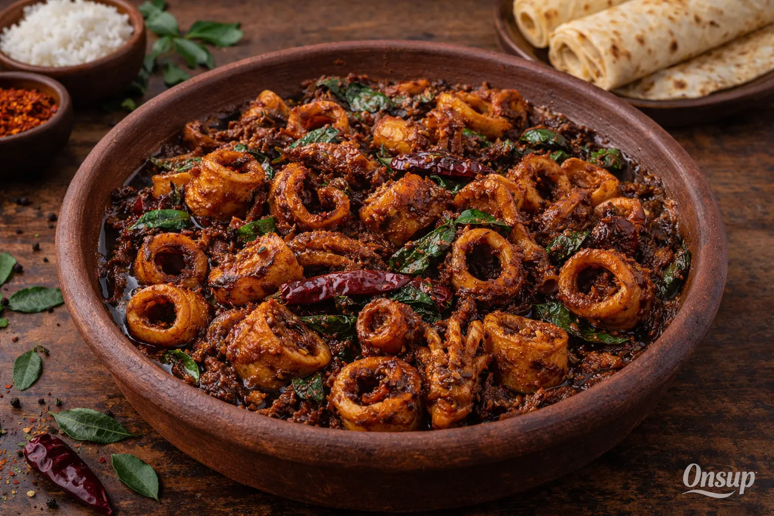 Malabar style Kanava roast – spiced squid rings in dry masala in a clay bowl