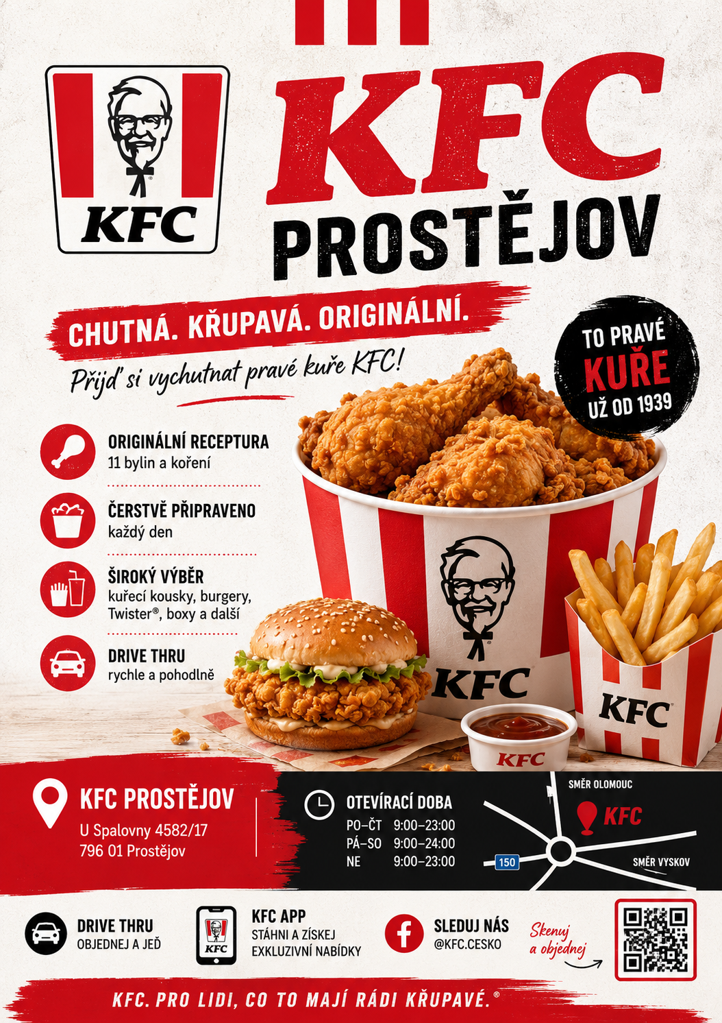Propagační leták KFC Prostějov — chutná, křupavá, originální kuřecí restaurace