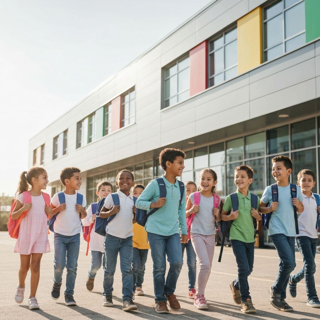 School children with backpacks walking outside modern school building