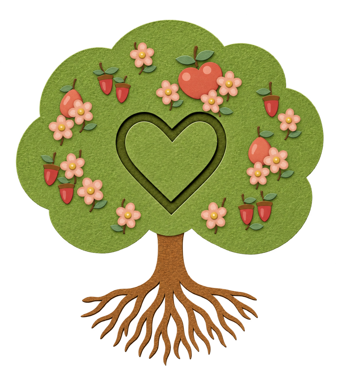 KindRoot Growth Tree with a heart-shaped center, fruit, pink blossoms, and spreading roots