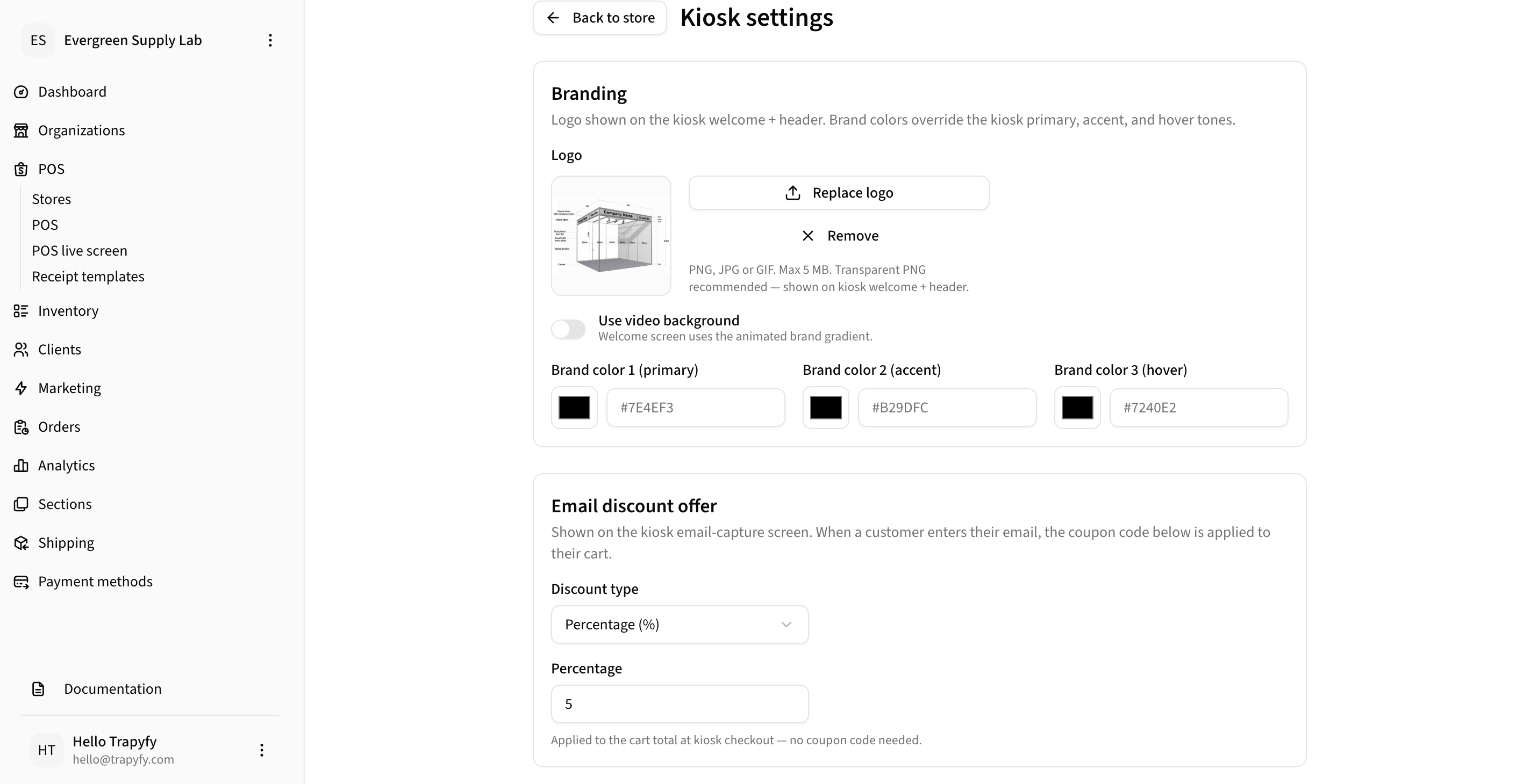 Kiosk settings page showing Branding section with logo upload, Replace logo and Remove buttons, and three brand color pickers